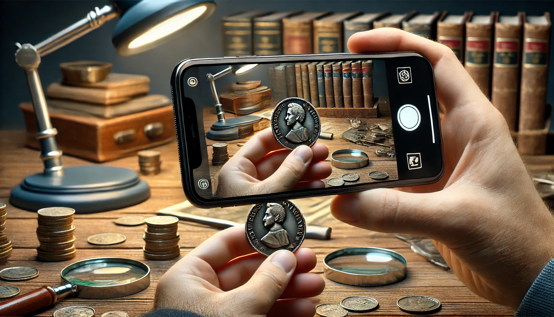 A numismatist is holding the coin carefully in one hand and using a smartphone to take a picture of it with the other.