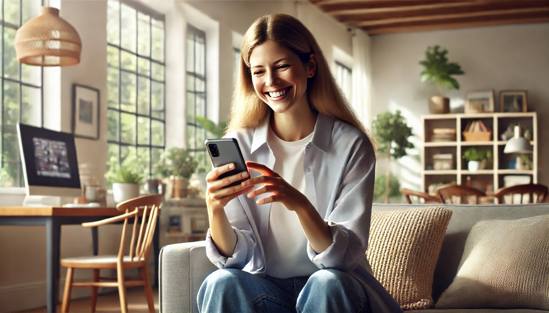 a smiling woman using her phone. She is casually dressed, sitting in a modern living room with bright natural light coming through large windows.