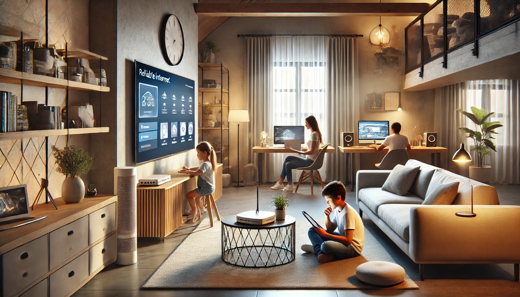 a modern home interior with multiple people engaged in various internet-dependent activities, illustrating the transformative impact of reliable internet.