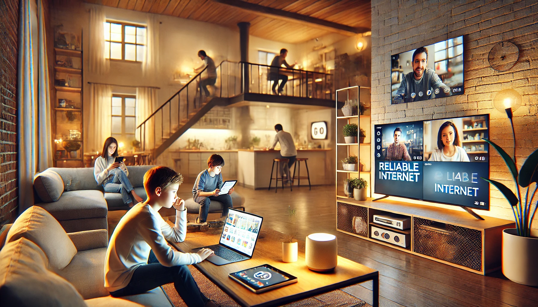connected, digital household atmosphere, highlighting various family members using reliable internet for different activities.