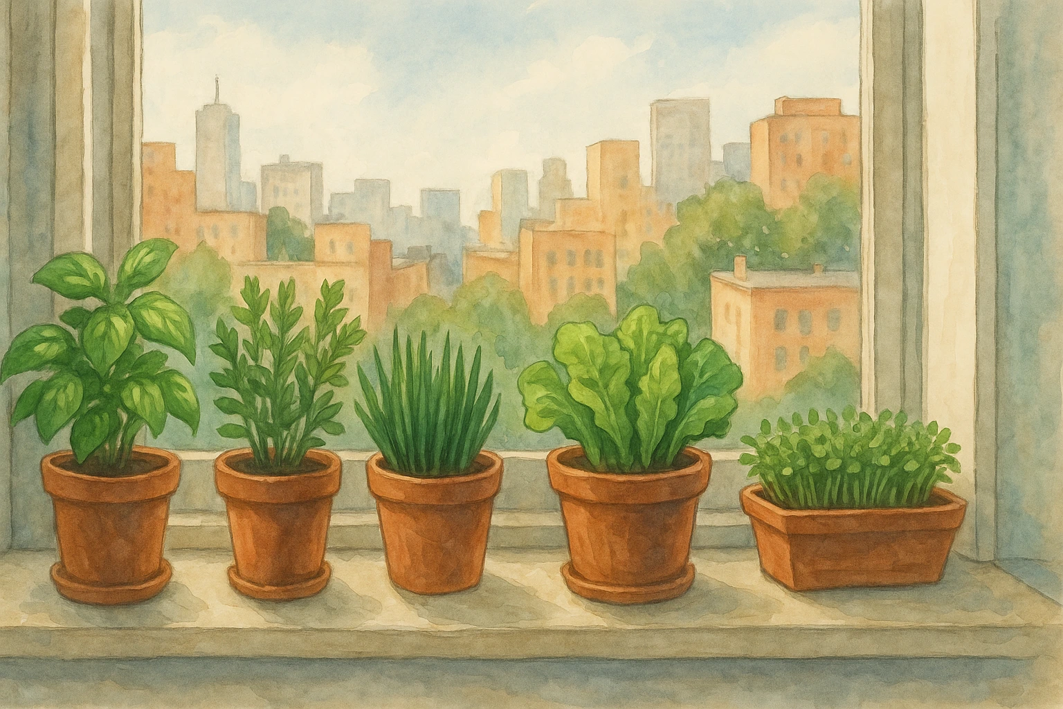 Greens are growing on a windowsill.