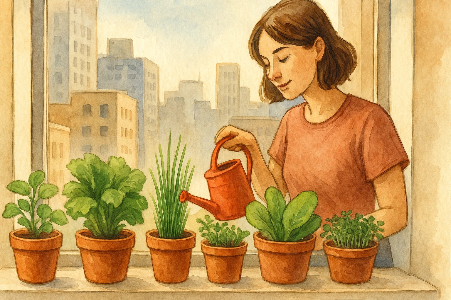 A woman is watering greens on a windowsill.