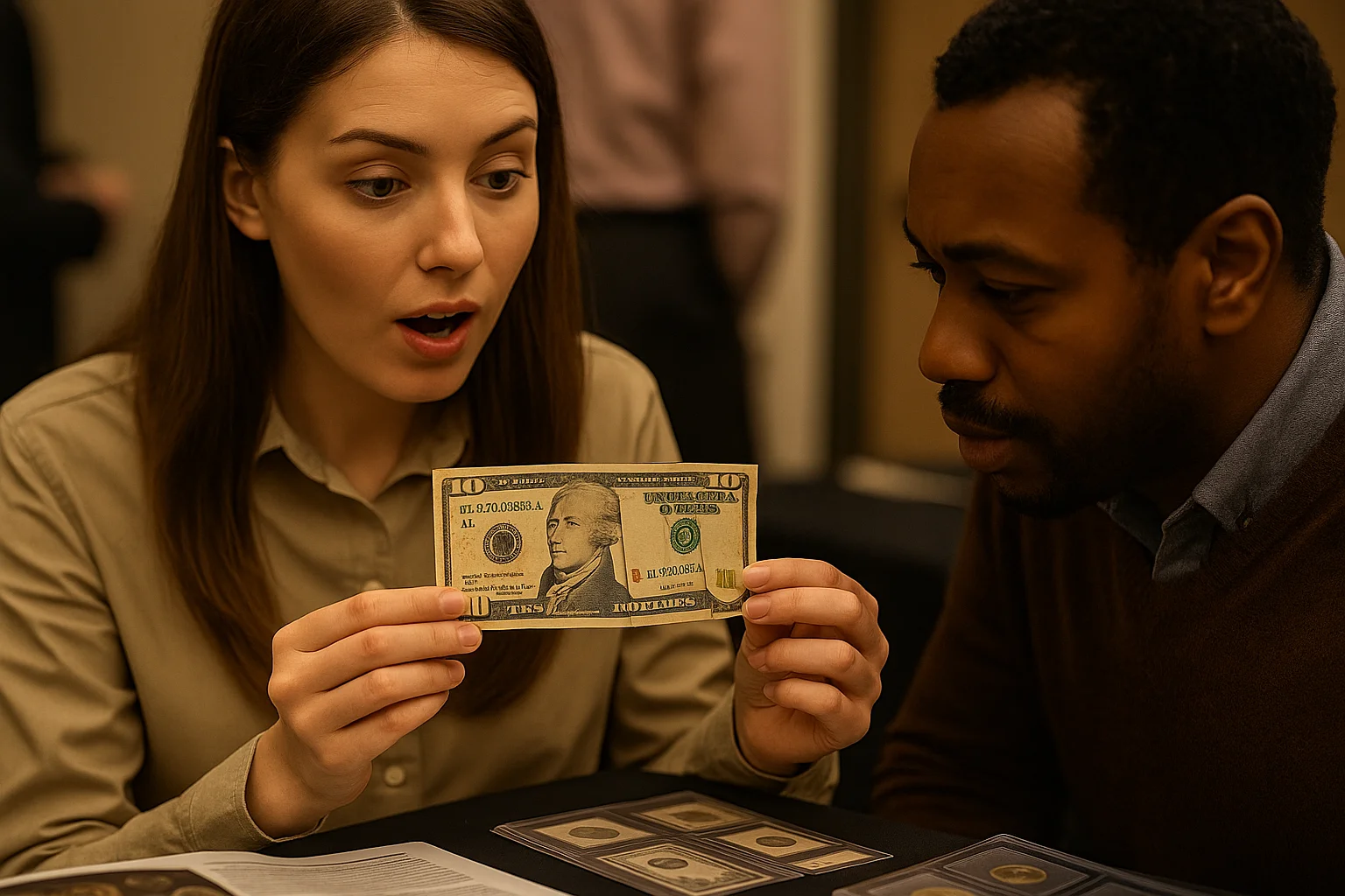 A young woman holds a $10 bill with a noticeable printing error, showing it with surprise to another collector standing beside her.