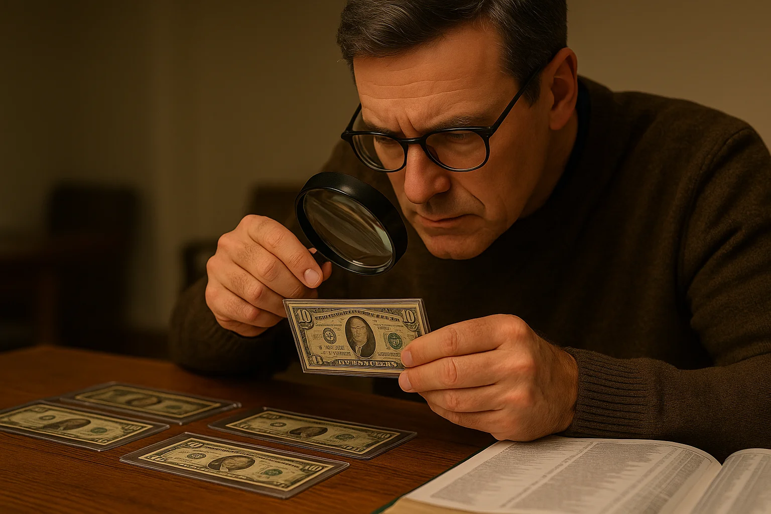 A man wearing glasses sits at a table carefully examining a rare $10 bill with a magnifying glass, surrounded by protected banknotes and a reference catalog.